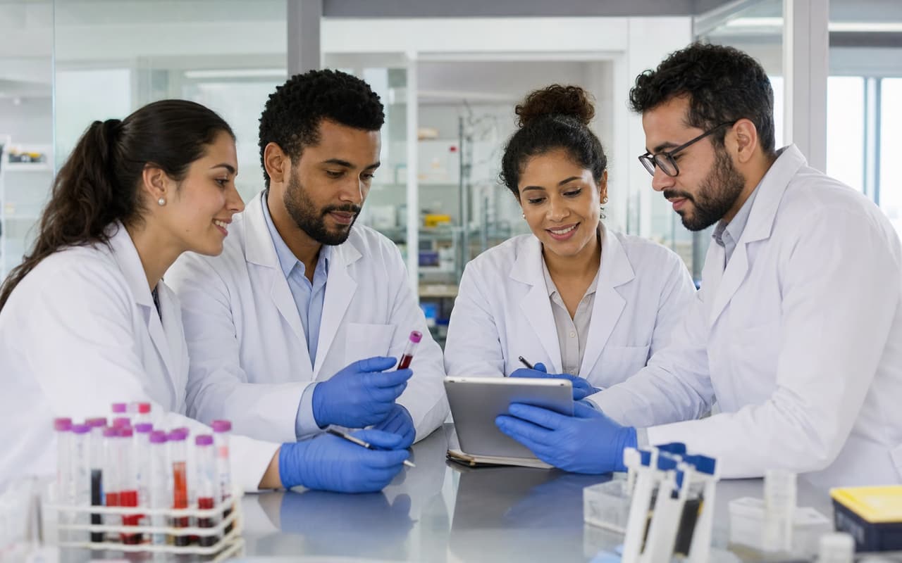 Profissionais de laboratório reunidos em um treinamento técnico