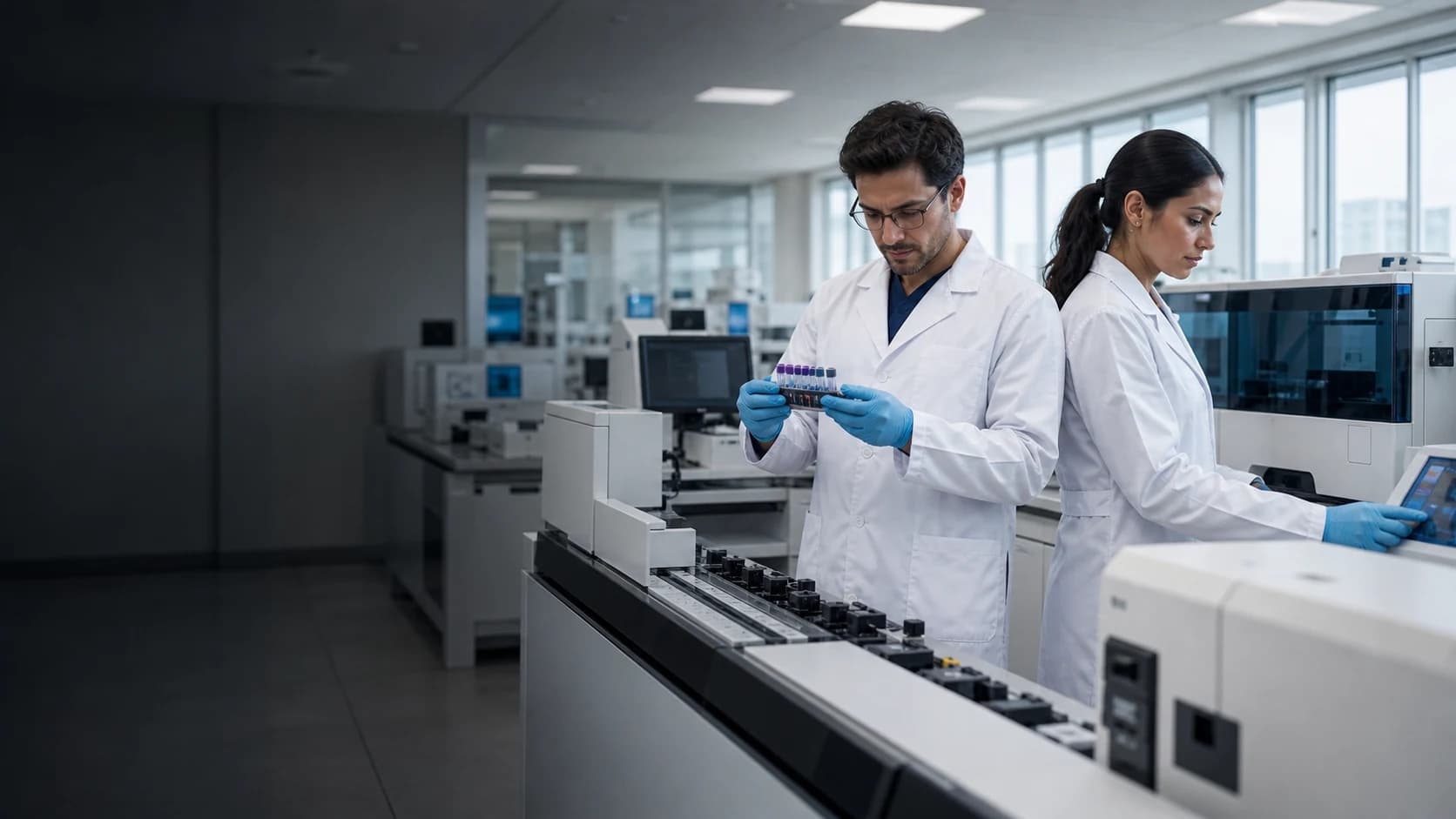 Equipe técnica operando equipamentos de diagnóstico laboratorial