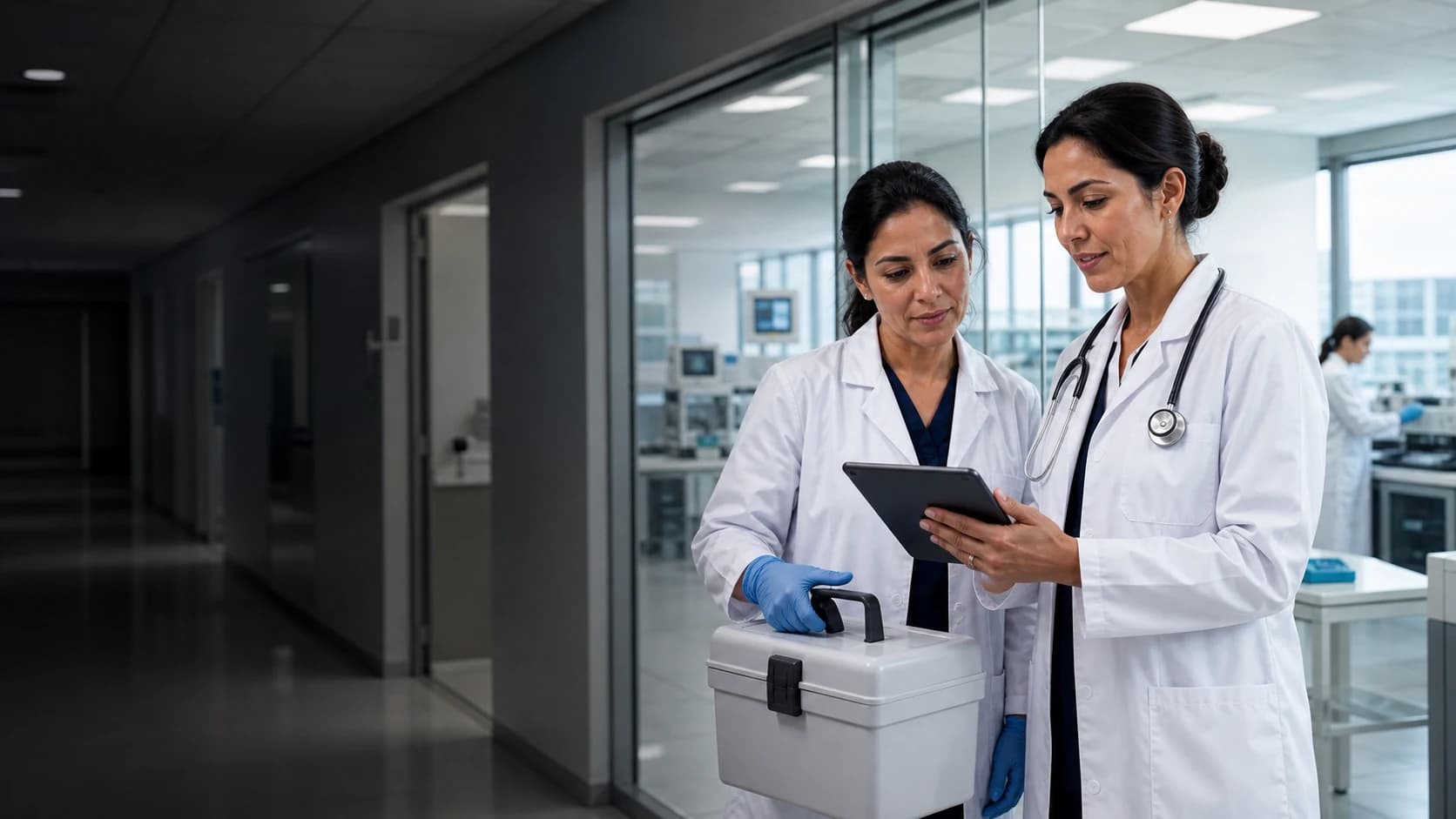 Profissionais de saúde coordenando o cuidado laboratorial hospitalar